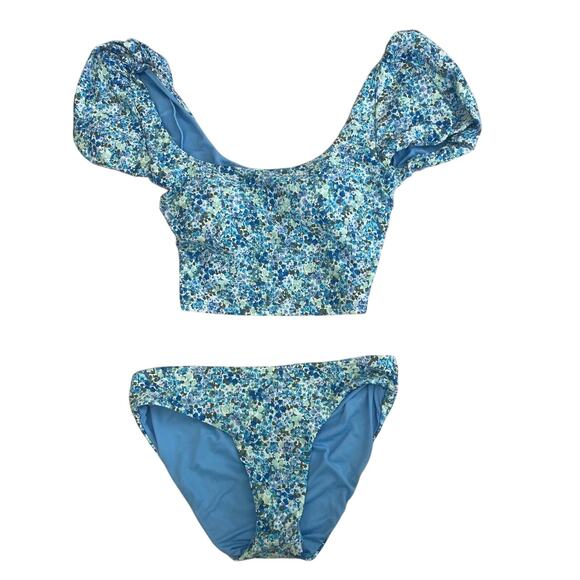 Splendid Size Large Blue Floral 2 Piece Swimsuit Shelf Bra Bikini Top & Bottom - Picture 1 of 7
